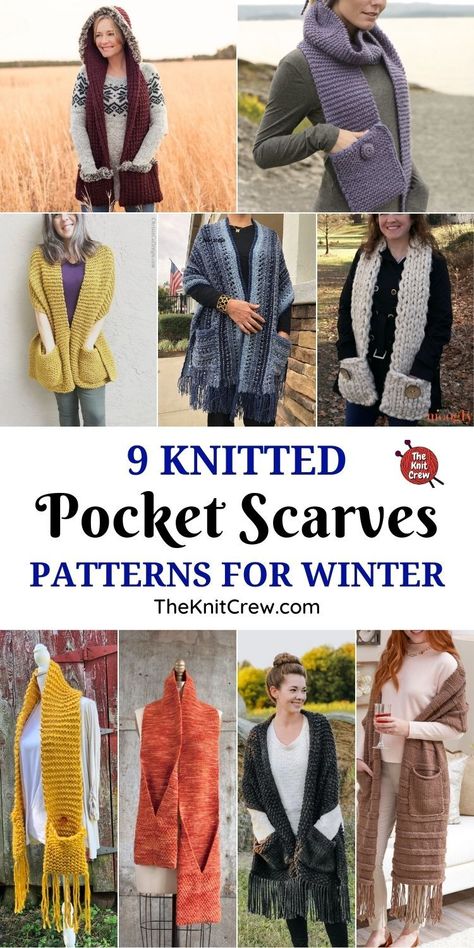 9 Knitted Pocket Scarf Patterns For Winter. Knitted Pocket Scarf Patterns For Winter curated by The Knit Crew. Pocket Shawl, Crochet Pocket, Super Scarf, Pocket Scarf, Scarf Patterns, Pocket Scarves, Shawl Knitting Patterns, Scarf Knitting Patterns, Shawl Crochet Pattern