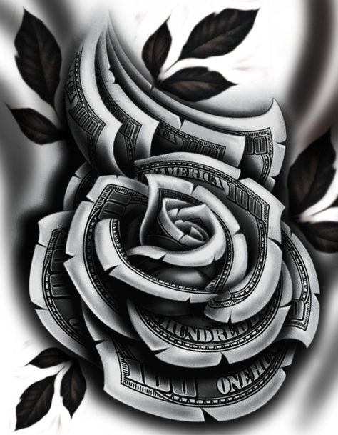 Dollar Rose Tattoo Design, Dollar Rose, Money Rose Tattoo, Portrait Tattoo Sleeve, Dollar Tattoo, Full Neck Tattoos, 30 Tattoo, Realistic Rose Tattoo, Chicano Tattoos Sleeve