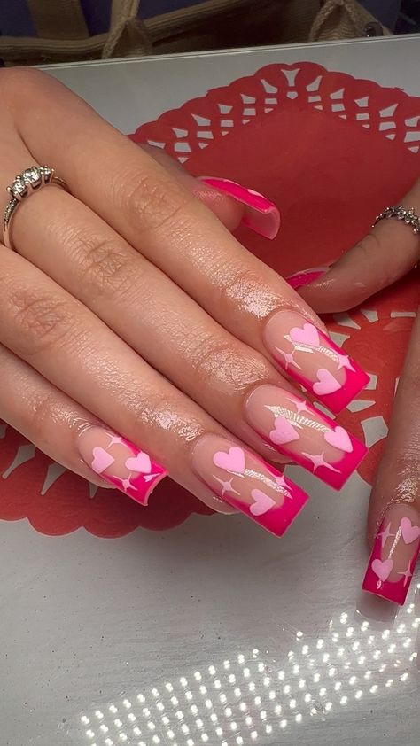 Valentines Nail Ideas Pink, Pink Nail Designs 2024, Simple Valentines Nails Square, Medium Square Valentines Nails, Back2school Nails, Pink Heart Nails Acrylic, Square Nail Designs Short, I Heart Me Nails, Fun Valentines Nails