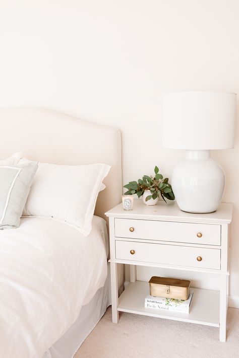 How to Find the Perfect Nightstand Height | Julie Blanner Small Nightstand Decor, Minimalistic Nightstand, Pretty Nightstand, How To Decorate Nightstand, Bedside Table Height, Simple Nightstand, Bedside Table Decor, Tall Nightstands, Tall Bed