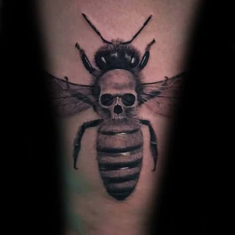 Skull With Bee Mens Unique Arm Tattoos Evil Bee Tattoo, Bee With Skull Tattoo, Bee And Skull Tattoo, Skull Bee Tattoo, Mens Bee Tattoo, Bee Tattoo Chest, Bee Tattoo Men, Bee Knee Tattoo, Creepy Tattoo Ideas