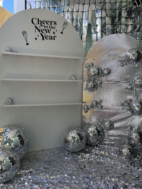 Favor Wall w/ Disco Ball Wall Backdrop — Sawdust and Sweetgrass Disco Champagne, Disco Ball Wall, 25 Birthday, Champagne Wall, Rental Business, Disco Balls, Bach Party, Wall Backdrops, 25th Birthday