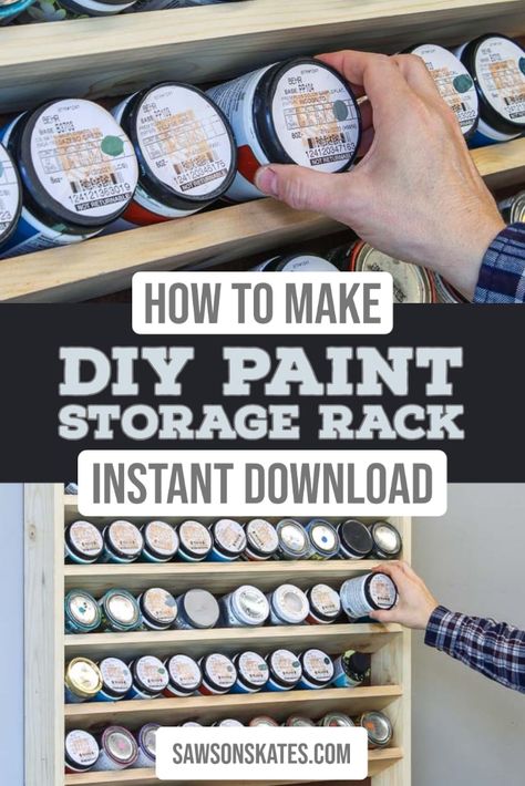 Get organized with this DIY paint storage rack. This wall-mounted holder is easy to make and the perfect way to display small half-pint (8 oz) containers of paint, stain, or finish. The free plan includes all of the measurements and step-by-step instructions. Diy Paint Storage Rack, Paint Can Organization, Craft Paint Organization Easy Diy, Diy Paint Storage, Paint Organization Diy, Paint Storage Ideas, Paint Storage Diy, Paint Storage Containers, Acrylic Paint Storage