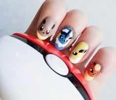 Epic Eevee evolution nail art Pokemon Manicure, Pokemon Hairstyles, Eevee Nails, Gamer Nails, Geek Nails, Pokemon Nails, Nerdy Nails, Nails Original, Pokemon Ideas