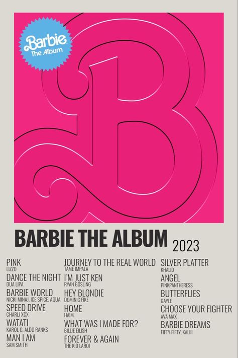 Album cover • Minimal design • 2023 • Album poster • Various Artist • The Barbie Movie • Barbie Album Cover, Barbie Poster Design, Barbie Song, Barbie Poster, The Barbie Movie, Album Posters, Design 2023, Barbie Movie, Barbie Dream