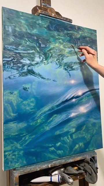 Irina Cumberland on Instagram: "“October” process. Somehow, the lake is more beautiful to me when it’s cold. More clear, more like a liquid diamond. This painting will be on display at the @laartshow on February 15-19 with @arcadiagallery (booth # 713/812)" Water In Painting, Lake Water Painting, Clear Water Painting, Irina Cumberland, Beautiful Painting Ideas, Painting Of Water, How To Paint Water, Liquid Painting, Water Artwork