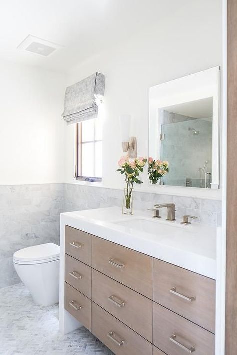 Brown Washstand with White Quartz Waterfall Countertop Bathroom Marble Tile Floor, Bathroom Vanity Inspiration, Chic Bathroom Vanity, Bathroom Marble Tile, Boho Chic Bathroom, Waterfall Countertop, Vanity Inspiration, Bathroom Marble, California Beach House