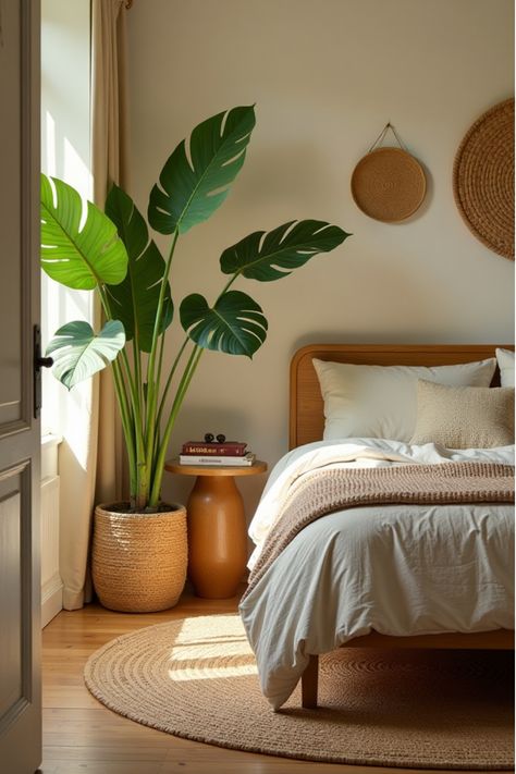 Bohemian bedroom with large monstera plant and rattan furniture Boho Bedroom Plants, Boho Plant Decor, Statement Plants, Nature Inspired Bedroom, Boho Bedroom Decor Ideas, Inspired Bedroom, Free Spirit Style, Bedroom Plants, Monstera Plant