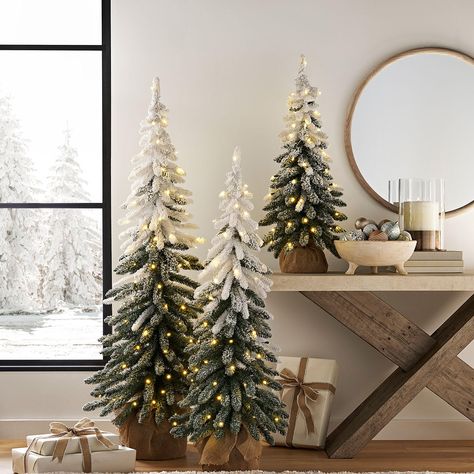 Bring the Forest HomeExperience the joy of a winter forest in the comfort of your home with the Member's Mark™ Set of 3 Pre-Lit Frosted Topiaries. This stunning set, which includes a 5-foot, 4-foot, and 3-foot tree, is designed to make a dramatic statement in your entryway or any part of your home. With their snowy, down swept design and slim profile, these trees fit perfectly together, creating a captivating visual appeal.Simple Yet ElegantEach tree in the set is tied with a simple burlap base, giving it an authentic tree lot feel. The set looks fantastic on its own, but you can also blend it seamlessly into your existing holiday décor. Whether you prefer a minimalist style or a more traditional holiday look, these trees will add a touch of elegance to your home.Warm and InvitingA total o Front Entry Christmas Tree, Mini Christmas Trees On Mantle, Cb2 Holiday Decor, Green Brown And Cream Christmas Decor, Home Office Christmas Tree, Winter Tree Decor After Christmas, Sage And White Christmas Tree, Christmas Trees On Tables, Christmas Entry Way Decor