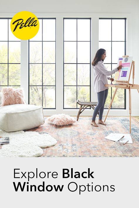 It's easy to see why black windows are growing in popularity. This trending color complements modern, farmhouse and industrial home designs, but is also a popular choice for homeowners looking to bring a more modern look to their traditional home. Available on Pella Lifestyle Series windows (shown) and other many other Pella window and patio door styles. Pella Lifestyle Series Black, Pella Lifestyle Windows, Black Windows Drywall Return, White Or Black Windows, Barn Remodel, Window Inspiration, Modern Tudor, Window Grids, Black Window Frames