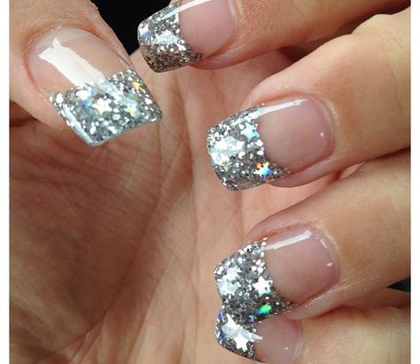 Silver Sparkle Nails French Tip, Silver Sparkle French Tip, Silver Sparkle Tips Nails, White French With Silver Glitter, Las Vegas Nails Ideas Glitter, French Tip With Silver Glitter Line, French Manicure Acrylic Nails, Las Vegas Nails, Glitter French Nails