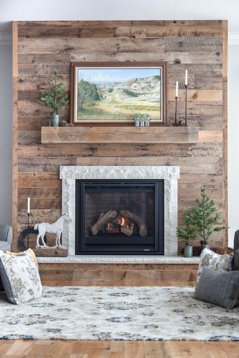 Mantels Gallery | Dakota Timber Company Wood Fireplace Surrounds, Reclaimed Wood Fireplace, Wood Shiplap, Shiplap Paneling, Fireplace Redo, Cabin Fireplace, Brick Fireplace Makeover, Wood Fireplace Mantel, Shiplap Fireplace