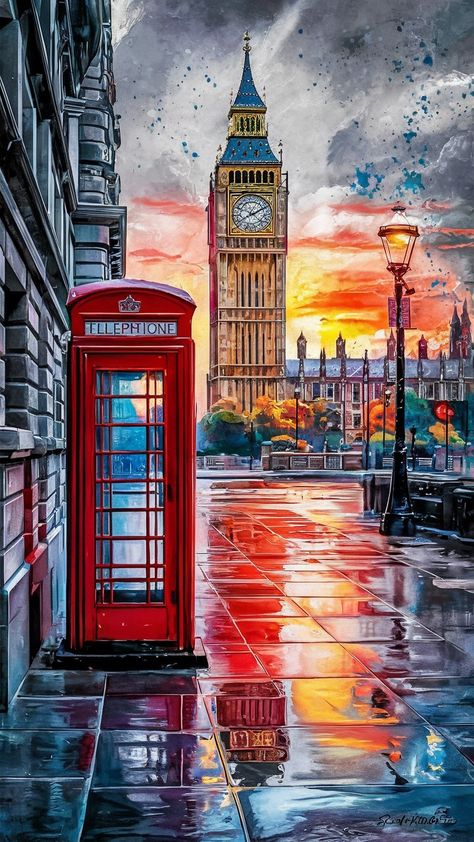 London Telephone Booth, Paris Artwork, London Cityscape, Red Telephone Box, London Painting, Red Telephone, Wall Paper Phone, Telephone Box, Watercolor Iphone