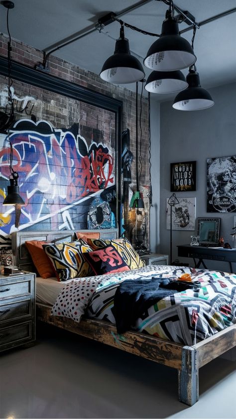 Discover how to bring a touch of street style to your bedroom with our latest design inspiration. From edgy decor accents to urban-inspired color schemes, elevate your space with these trendy ideas. Incorporate graffiti art, industrial lighting, and minimalist furniture for a modern urban vibe that's both stylish and cozy. Get creative with mixing and matching textures like exposed brick walls, distressed wood finishes, and concrete elements for an effortlessly cool look. Graffiti Style Bedroom, Edgy Room Bedrooms, Street Style Room Decor, Skater Bedroom Aesthetic, Exposed Brick Walls Bedroom, Graffiti Interior Design, Street Style Bedroom, Edgy Rooms, Bedroom Brick Wall