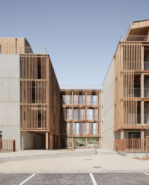 Social Housing Architecture, Wood Facade, Wooden Facade, Wooden Architecture, Timber Buildings, Wood Architecture, Wooden Buildings, Apartment Architecture, Brick Facade