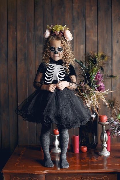 Kids Skeleton Costume Girl, Halloween Costume For Kids Girl, Day Of The Dead Kids Costume, Halloween Costumes For Kids Girls Cute, Halloween Costumes Girls Kids, Girls Skeleton Costume, Halloween Costume And Makeup, Halloween Makeup For Kids, Sugar Skull Costume