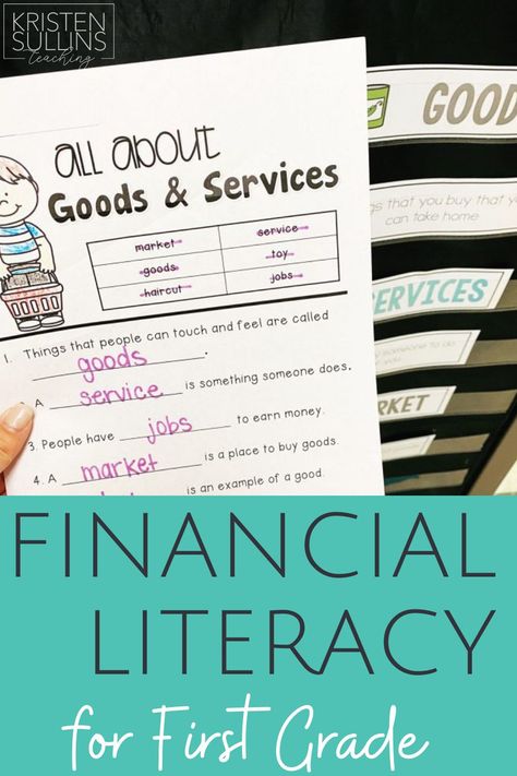 Ideas and activities for teaching financial literacy to first grade students including goods and services, needs and wants, spending and saving. Goods And Services First Grade, Financial Literacy Activities, Activities For First Grade, Teaching Money, Money Activities, Needs And Wants, Social Studies Elementary, Teacher Things, Teaching Literacy