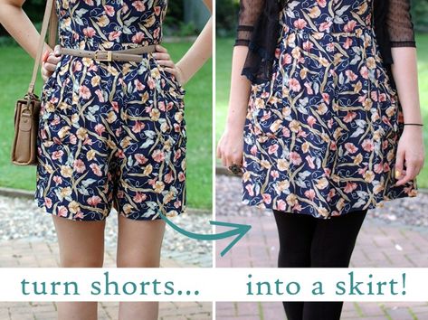 Coloured Theory: DIY: Turn Shorts into a Skirt! Skirt Into Shorts, Diy Romper Women, Diy Romper, Old Dress, Shorts Diy, Diy Tutu, Vintage Romper, How To Make Skirt, Diy Shorts