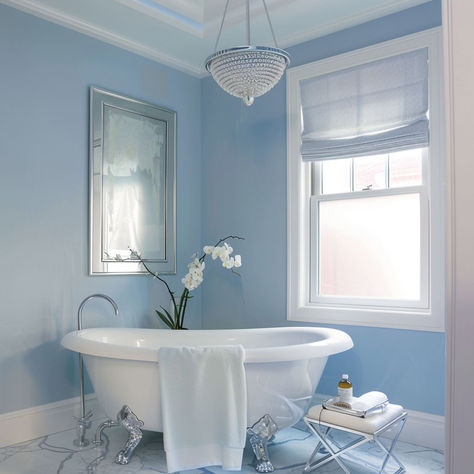 The 12 Best Bathroom Colors Light Blue Bathroom Ideas Paint, Pale Blue Bathroom Walls, Light Blue Small Bathroom, Blue Paint Colors For Bathroom, Light Blue Bathroom Walls, Aquamarine Bathroom, Blue Bathroom Colors, Pastel Blue Bathroom, Periwinkle Bathroom