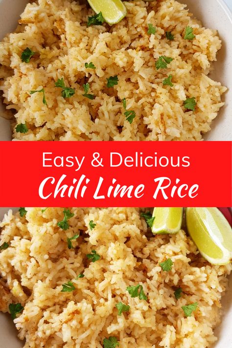 This easy, healthy and tasty one pot chili lime rice recipe is the perfect vegan side dish for dinner or lunch. It's flavoured with chili peppers and lime juice to create a very subtle spice and flavour that goes perfect with Caribbean or Mexican food. A great side dish recipe for kids! Suitable for slimming world and weight watchers. Chilli Lime Rice, Chili Lime Rice Cilantro, Chili Lime Rice Recipe, Recipes Using Limes Healthy, Chili Lime Recipes, Flavour Rice Recipes, Rice With Tacos, Mexican Lime Rice, Side Dish With Tacos Dinners