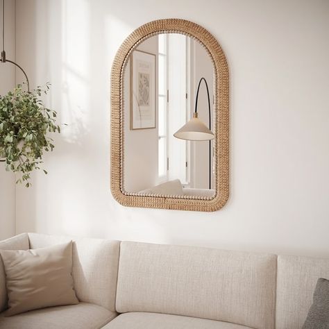 Nora Arch Rattan Woven Boho Wall Mirror - 35.5"H x 23.5"W x 1.5"D - On Sale - Bed Bath & Beyond - 40011838 Rattan Vanity Mirror, Boho Wall Mirror, Wood Full Length Mirror, Shutter Wall, Beaded Mirror, Wicker Mirror, Natural Bathroom, Rattan Mirror, Arched Mirror