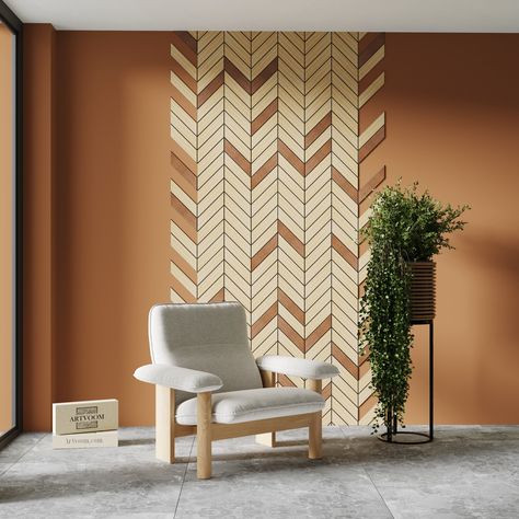 Herringbone Pattern Wall, Chevron Pattern Wall, Goblincore Room Decor, Wooden Walls Living Room, Goblincore Room, Chevron Wall Decor, Villa Renovation, Slat Walls, Resto Bar