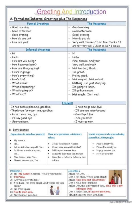 this file contains some expressions to greet someone. There are two kinds of greeting, those are formal greeting and informal greeting. Not only the expression to greet someone, the file also contains of the way to introduce ourselves and introduce other. Speaking Activities English, Articles Activities, English Lesson Plans, Teaching Geography, English For Beginners, Esl Lesson Plans, Learning English For Kids, Esl Lessons, Conversational English