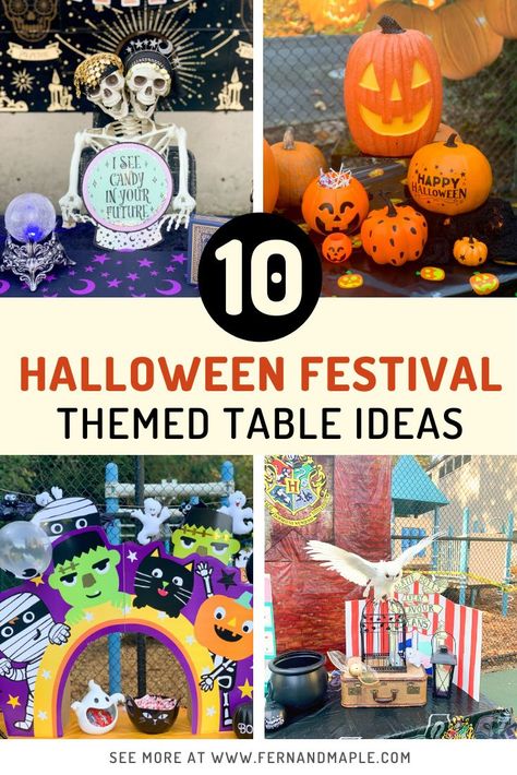 You're going to want to save this one for next year - These 10 Themed Table Ideas for a Halloween Community Festival include both scary and kid-friendly options, and a healthy mix of spooky and fun! Also perfect for Trunk-or-Treat themes. Visit fernandmaple.com now for all the details and inspiration! Halloween Table Themes For Kids, Halloween Table Trunk Or Treat, Trick Or Treat Theme Ideas, October Community Events, Indoor Trunk Or Treat Tables, Birthday Tables Ideas, Halloween Festival Table Ideas, Halloween School Table Decorations, Halloween Trick Or Treat Stations