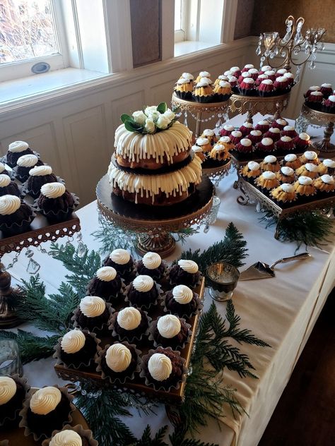 Bundtinis Wedding Display, Wedding Dessert Table Christmas, Small Wedding Cake With Dessert Bar, His And Her Dessert Table, Nothing Buddy Cake Wedding, Wedding Birdseed Toss Cute Ideas, Cupcake Dessert Table Display, Bundtinis Display, Bundt Cake For Wedding