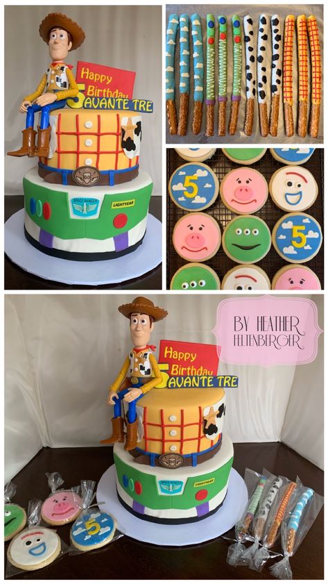 Disney Toy Story 4 2-tier cake, cookies, and chocolate covered pretzels Toy Story Chocolate Covered Strawberries, Toy Story Cookies, Toy Story Birthday Cake, Toy Story Party Decorations, Birthday Cake Flavors, Two Tier Cake, Toy Story Theme, Toy Story Cakes, Pull Apart Cupcakes