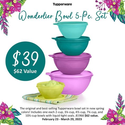 The original and best-selling Tupperware® bowl set in new spring colors! Our classic, all-purpose bowls with leakproof seals are ideal for preparing, serving, and storing foods in the refrigerator and even on-the-go. The leakproof seals lock in the freshness and flavor in your favorite foods. Large tab makes opening the seals a breeze—even for small hands. Textured interior resists scratches when mixing or whisking. Smooth exterior makes them easy to clean. These bowls are wonderful because th Tupperware Products, Tupperware Bowls, Very Important Person, Innovative Kitchen, Business Opportunity, Kitchen Products, Giveaway Contest, Party Shop, Small Hands