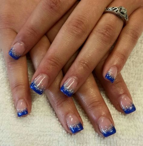 Navy Nails Design Wedding, Sapphire Blue And Silver Nails, Blue And Silver Nail Designs French Tips, Sparkly Royal Blue French Tip Nails, Dallas Cowboys Nails Designs Blue, Blue Nail Tip Designs, Blue Confetti Nails, Navy Blue Nail Designs Wedding, Navy Blue Nail Tips