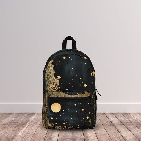 Ever look up at the stars? Check out our cosmic backpack in a dreamy navy and gold design. Made with 100% polyester, it contains 4 compartments including a space for your laptop or tablet. Perfect to use for school, traveling, or to store your gym gear. Get yours today! *  100% polyester *  Lightweight and waterproof *  Adjustable shoulder straps *  Custom name tag sewn inside *  Note - Dashed lines used in the cut & sew process may be visible in the front pocket's interior *  Assembled in the U Fictional Disease Art, School Bag Cute, Galaxy Backpack, Back To School Bag, Cosmic Galaxy, Back To School Bags, Astrology Gift, Sewing Tags, Gym Gear