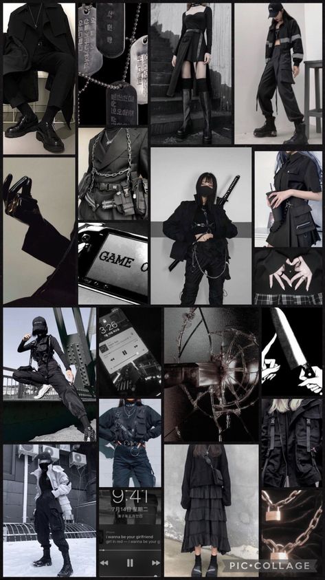 Techwear Moodboard, Gothic Techwear, Alt Techwear, Fall Leather Techwear Outerwear, Techwear Belt, Black Graphic Print Techwear Outerwear, Mood Board Fashion, Edgy Fashion, Mood Boards