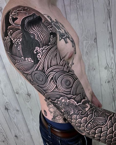 Bodysuit Tattoos, Geometric Sleeve Tattoo, Tattoo Filler, Water Tattoo, Blackout Tattoo, Muster Tattoos, Inspiration Tattoos, Irezumi Tattoos, Japanese Sleeve Tattoos