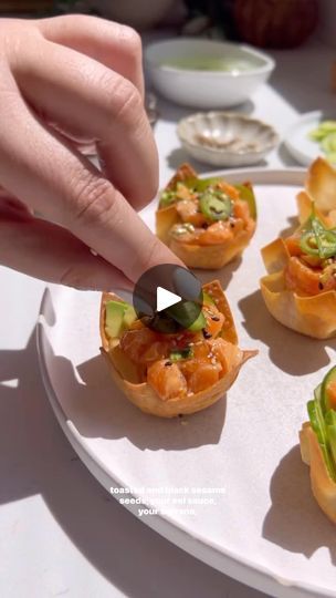 1.6K views · 383 reactions | How cute are these guys?

@foodmymuse has prepared these Spicy Salmon Wonton Cups ♥️. Another great addition for get togethers. These are delicious. The wonton cups can be made ahead as well as the eel sauce! Truly perfect for hosting.

Ingredients:
* 12 wonton wrappers.
* 8-10 oz sushi grade salmon.
* 2 tbsp japanese mayo.
* 2 tbsp sriracha (adjust if you want it less spicy).
* 1 tsp sesame oil.
* 2 scallions (chopped).
* 1/4 tsp cane sugar.
* 1 tsp tamari or soy sauce.
* Cucumber slices.
* Avocado slices.
* Serrano slices.

Eel Sauce:
* 1/4 cup soy sauce or tamari.
* 1/4 cup mirin.
* 1/4 cup cane sugar.

Directions:
1. Make an X in the middle of your wontons. Spray a muffin tin with avocado oil, press in your wonton wrappers and add more avocado oil. Bake at Sushi Grade Salmon, Eel Sauce, Japanese Mayo, Wonton Cups, Cucumber Slices, Spicy Salmon, How To Make Sushi, Holiday Snacks, Wontons