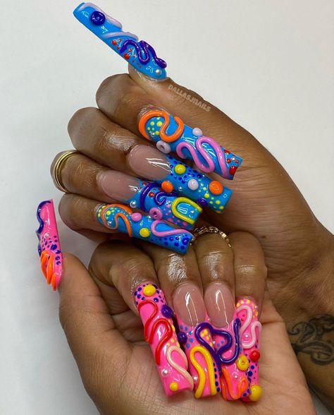 Long Junk Nails, Junk Nails, Long Acrylic Nail Designs, Drip Nails, Cute Acrylic Nail Designs, Dope Nail Designs, Exotic Nails, Really Cute Nails, Unique Acrylic Nails