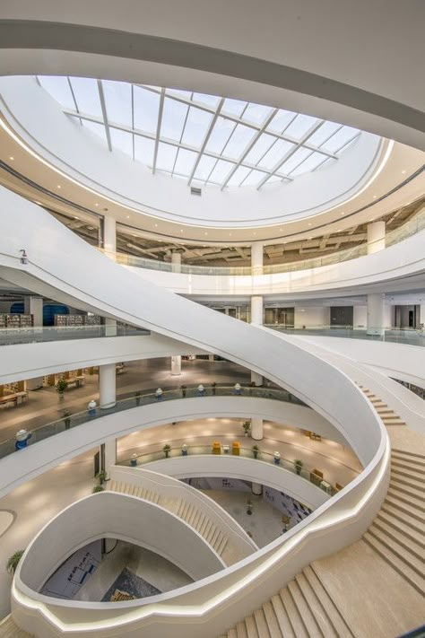 Chongqing Real Estate College Library PH Alpha Design Skylight Library, Library Skylight, Futuristic Library, Library Stairs, Alpha Design, Library Plan, Atrium Design, Shopping Mall Design, Alpha Designs