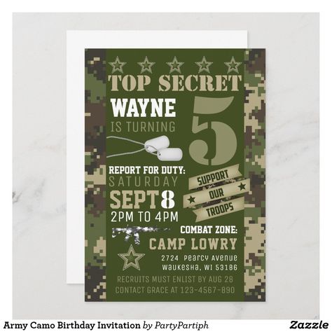 Camo Birthday Invitations, Army Birthday, Camo Birthday, Military Party, Army's Birthday, Army Party, Army Camo, 10th Birthday, Valentine Decorations