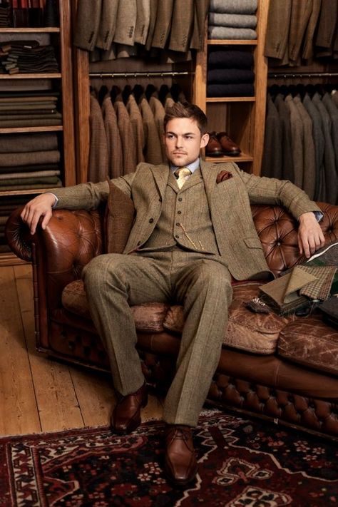 Scottish Tweed Specialists. Suit: Wool & cashmere brown and yellow check three-piece suit. Pagoda Shoulder, Walker Slater, Scottish Tweed, Der Gentleman, A Man In A Suit, Suit Man, Man In A Suit, Brown Suits, Tweed Suits