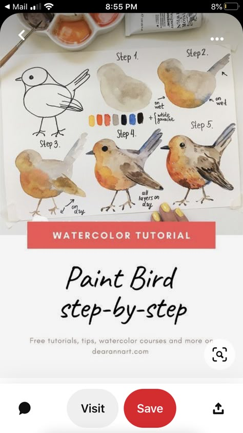 Watercolouring For Beginners, Easy Watercolor Tutorial Step By Step, Popular Watercolor Art, Water Colour Bird Painting, Simple Watercolour Tutorial, Watercolour Birds Tutorial, Easy Birds Painting, Bird Art Watercolor, Watercolor Paintings Of Birds