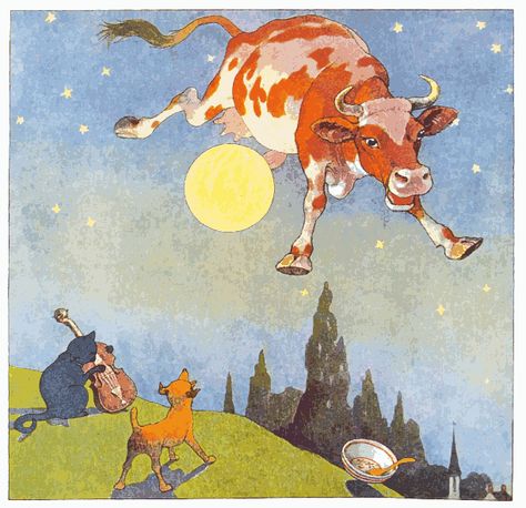 ~thE coW jUmpEd OvEr thE MoOn ~* Nursery Rhyme Art, Cow Jumped Over The Moon, Jessie Willcox Smith, Kids Bedroom Art, Nursery Illustration, Nursery Room Art, Hey Diddle Diddle, Classic Nursery Rhymes, Clipart Vintage