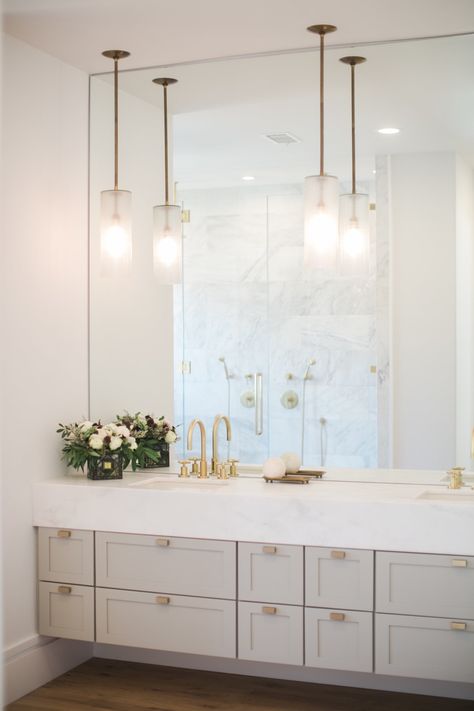 Master Bath Mirror And Lighting, Bathroom Full Wall Mirror, Bathroom Vanity Full Wall Mirror, Bathroom Full Mirror Wall, Master Bath Pendant Lighting Vanities, Bathroom Mirror Full Wall, Full Mirror Bathroom Vanity, All Mirror Bathroom, Pendent Lights In Bathroom