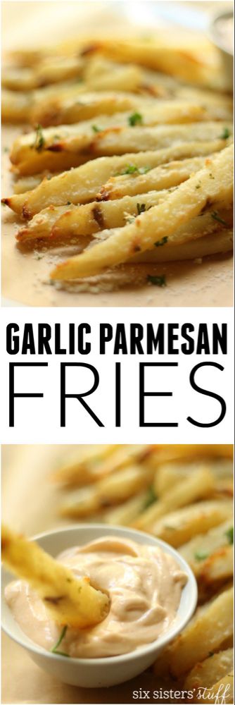 Baked Garlic Parmesan Fries with Spicy Aioli | Six Sisters' Stuff Garlic Parmesan Fries, Hamburger Steaks, Parmesan Fries, Spicy Aioli, Baked Garlic, Fries Recipe, Garlic Fries, Garlic Parmesan, Potato Dishes