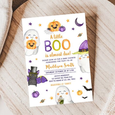 Halloween Theme Baby Shower Invitations, Little Boo Is Almost Due, Halloween Baby Shower Theme, Purple Halloween, Boo Ghost, Baby Shower Photos, Printable Baby Shower Invitations, Baby Shower Pumpkin