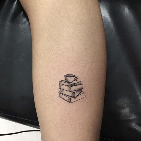 Book With Coffee Tattoo, Books And Coffee Tattoo Ideas, Small Tattoo Ideas Books, Woman Book Tattoo, Coffee And Book Tattoo Ideas, Coffee Books Tattoo, Minimalistic Book Tattoo, Tattoo Ideas For Writers, Tiny Coffee Tattoo