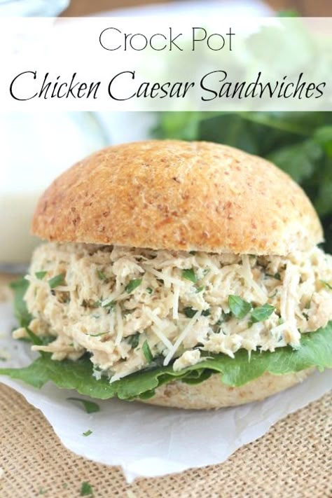 Looking for a quick and easy dinner that'll have the whole family asking for seconds? These Crock Pot Chicken Caesar Sandwiches are a snap to make, and the homemade Caesar dressing is packed with protein! Healthy and delicious! Chicken Caesar Sandwich, On A Bun, For Dinner, Chicken Caesar, Crock Pot Chicken, Chicken Salad Sandwich, Dinner Easy, Crock Pot Slow Cooker, Salad Sandwich