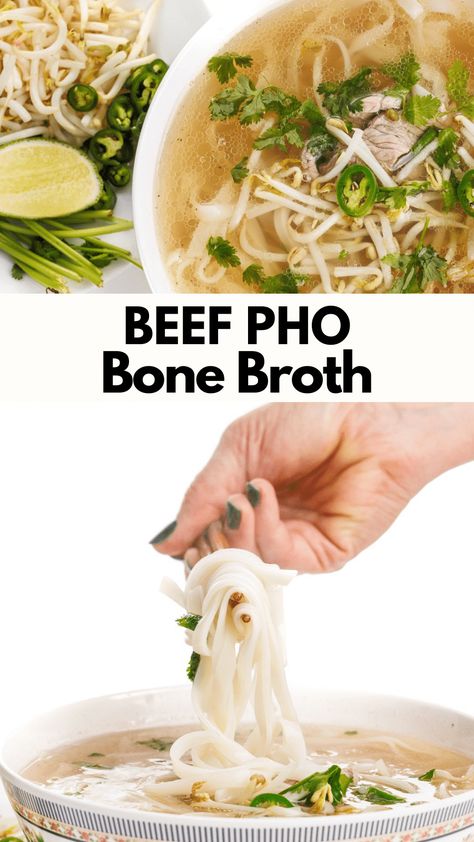 This rich and aromatic beef pho bone broth is made with warm spices including cinnamon, cloves, and coriander. Crockpot Bone Broth Beef, Pho Bone Broth Recipe, Crockpot Pho Beef, Beef Bone Broth Recipe Slow Cooker, Bone Broth Recipe Dishes, Bone Broth Pho, Beef Bone Broth Soup, Quick Pho Broth, Pho Broth Recipe