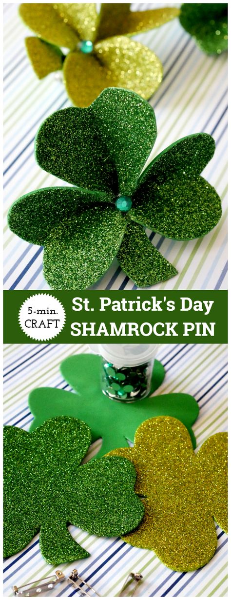 St. Patrick's Day Shamrock Pin made from Dollar Tree foam shamrocks, bar pin, and gems. Easy 5-minute craft Dollar Tree Crafts Spring, Sant Patrick, Fete Saint Patrick, March Crafts, St Patricks Crafts, St Patricks Day Crafts For Kids, Crafts Spring, St Patrick's Day Decorations, Crafts For Seniors