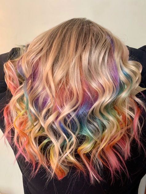 Multi Colored Blonde Hair, Blonde Hair Rainbow Underneath, Peekaboo Rainbow Hair Blonde, Rainbow Hair Color Ideas For Blondes, Rainbow Hair Peekaboo, Peekaboo Pastel Hair, Rainbow Balayage Brunettes, Easter Hair Color, Rainbow And Blonde Hair